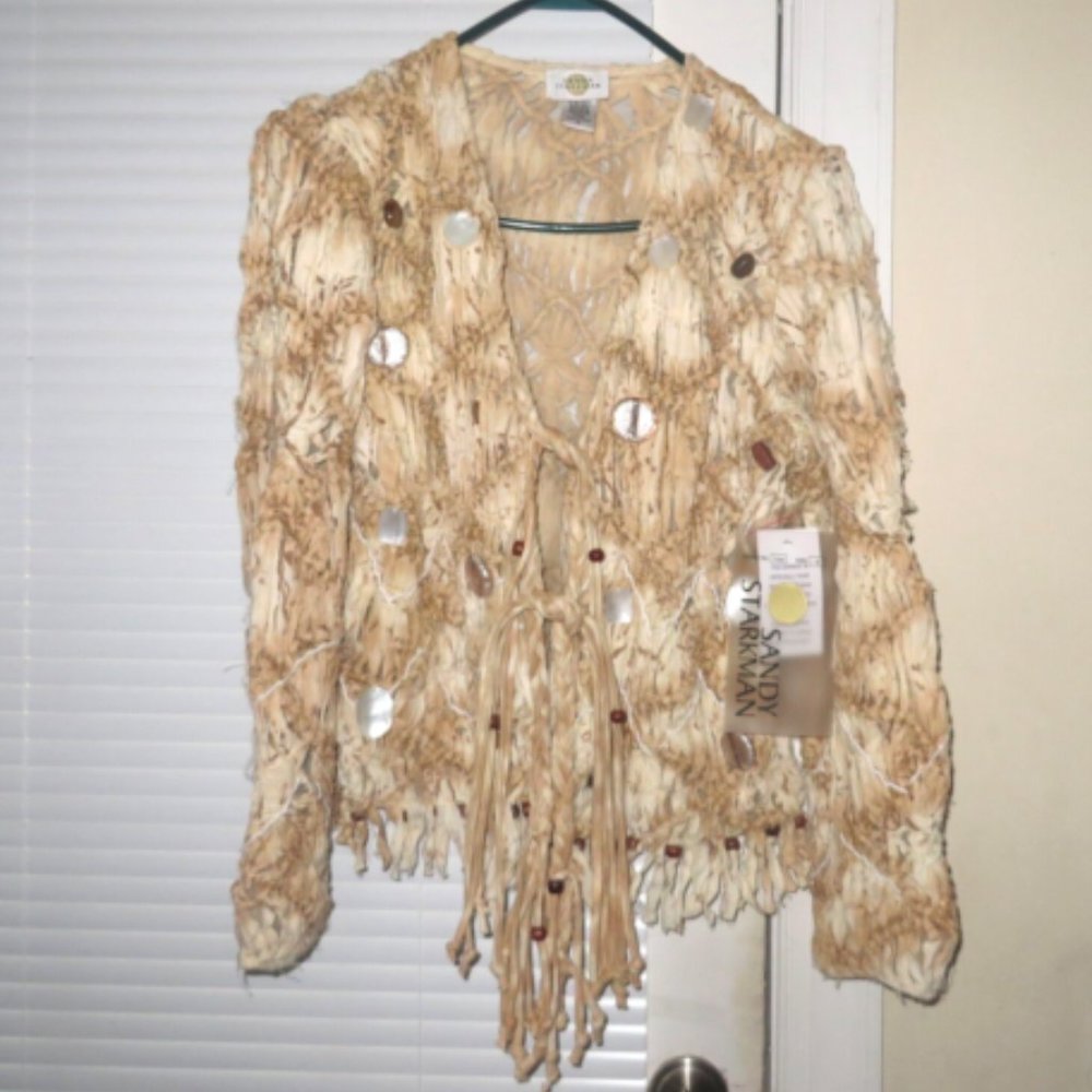 โค๏ธNEW w/Tags SANDY STARKMAN BOHO Shells Mesh Knotted Knit Cardigan Jacket SZ S